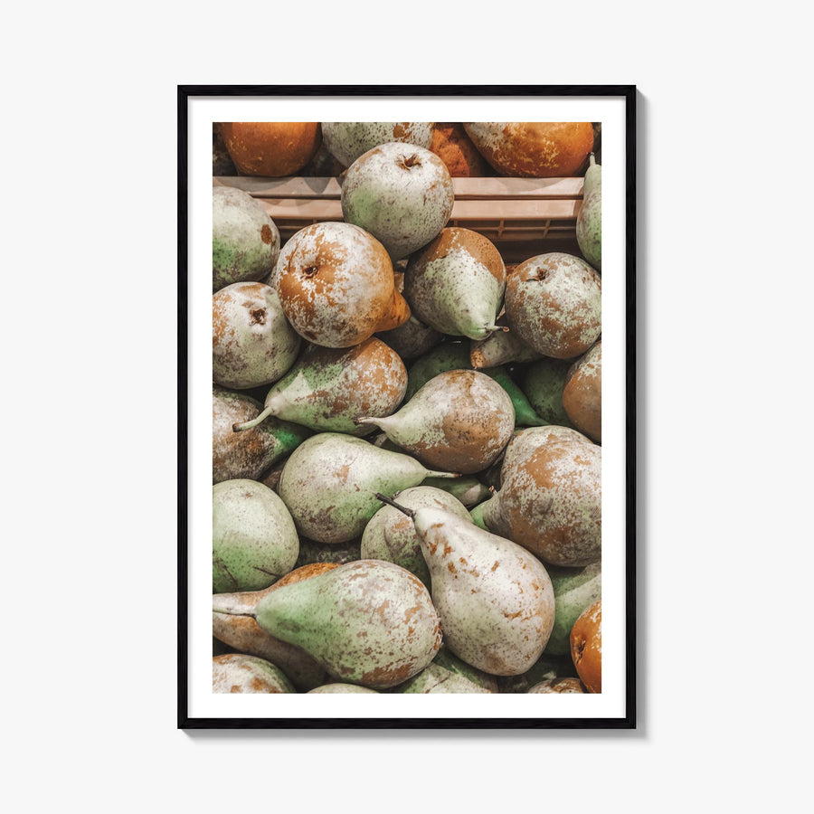Green Pears colorful photo poster – vertical wall art, unframed print shown in interior mockup