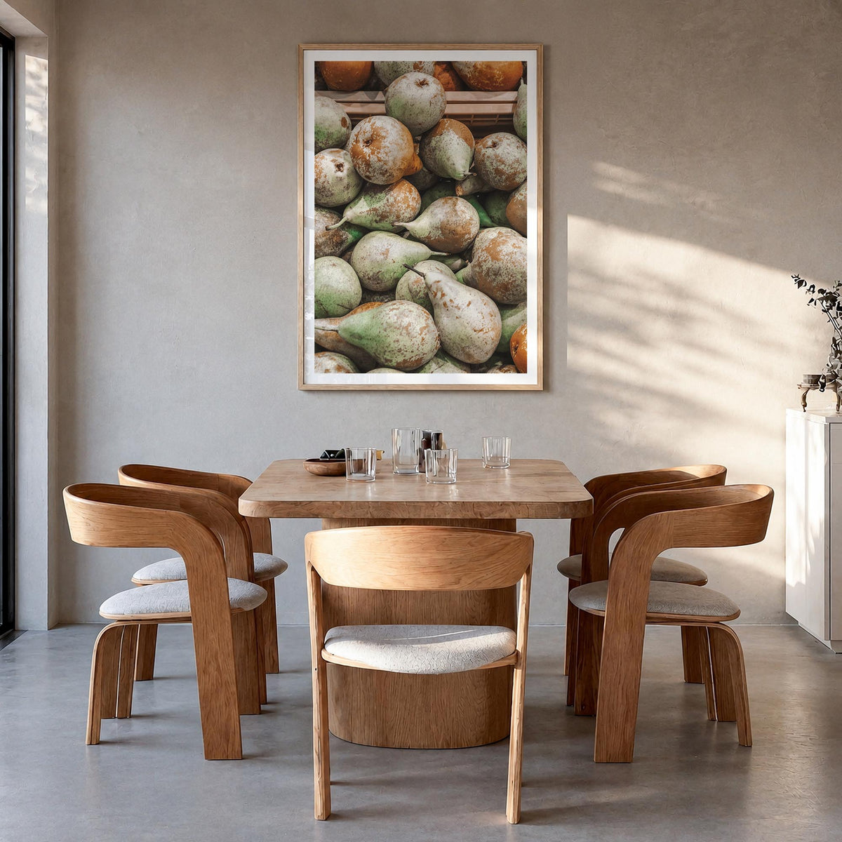 Green Pears colorful photo poster – vertical wall art in natural wood frame with white border, hanging on wall