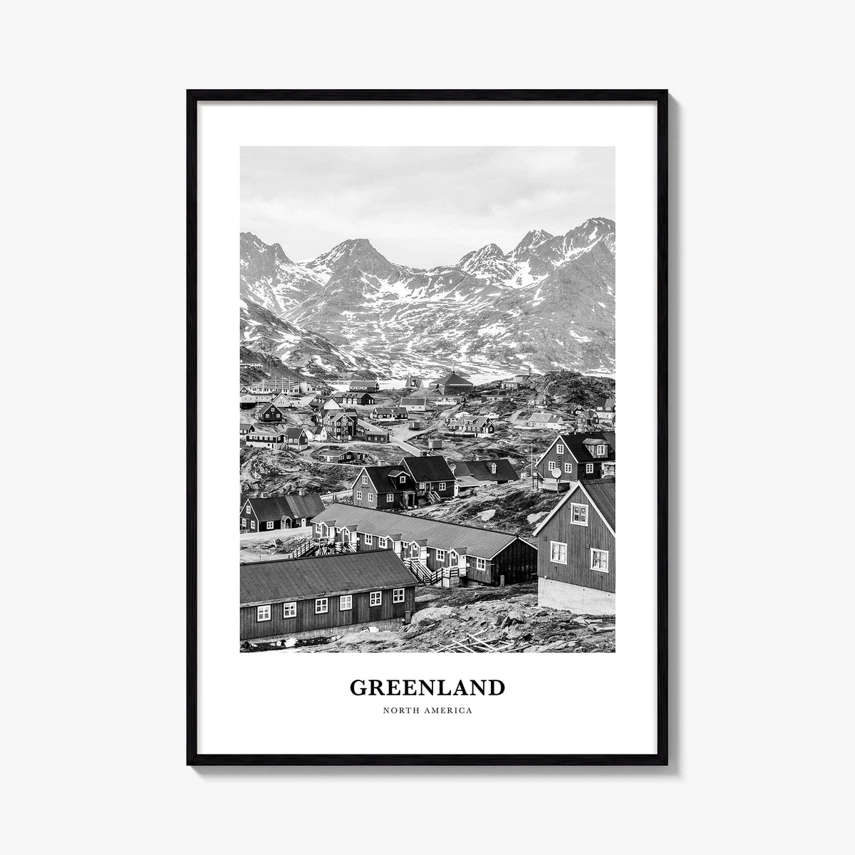 Greenland black & white classic poster of North America – vertical wall art, unframed print shown in interior mockup