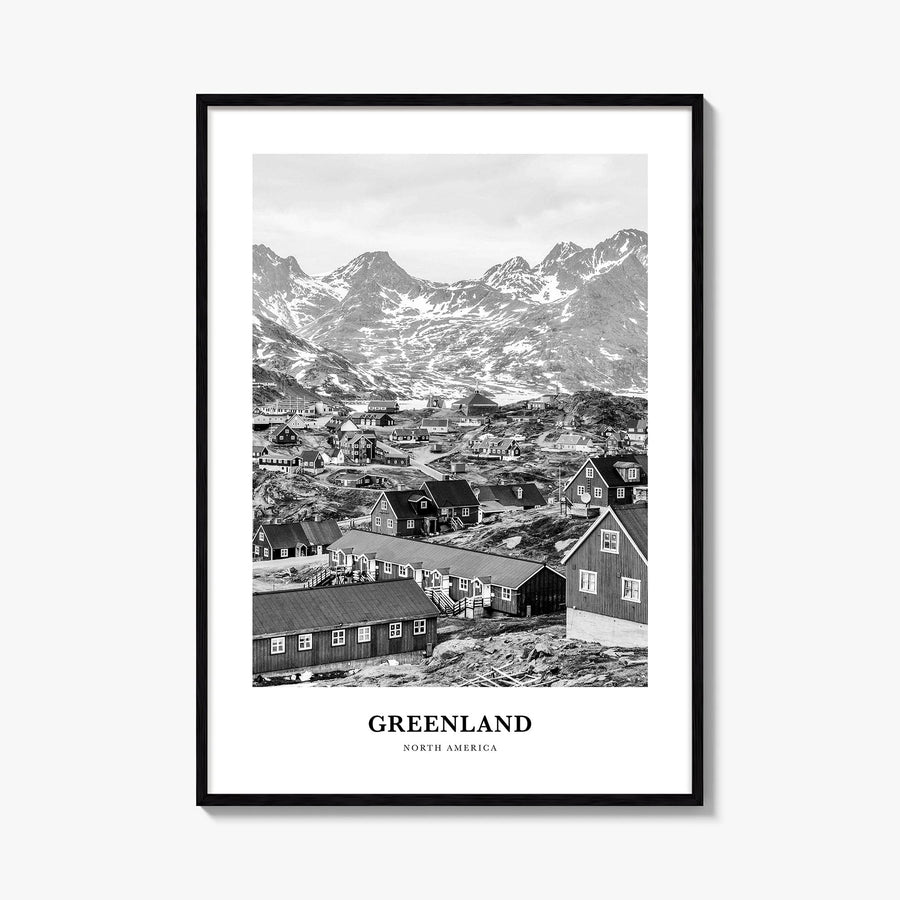 Greenland black & white classic poster of North America – vertical wall art, unframed print shown in interior mockup