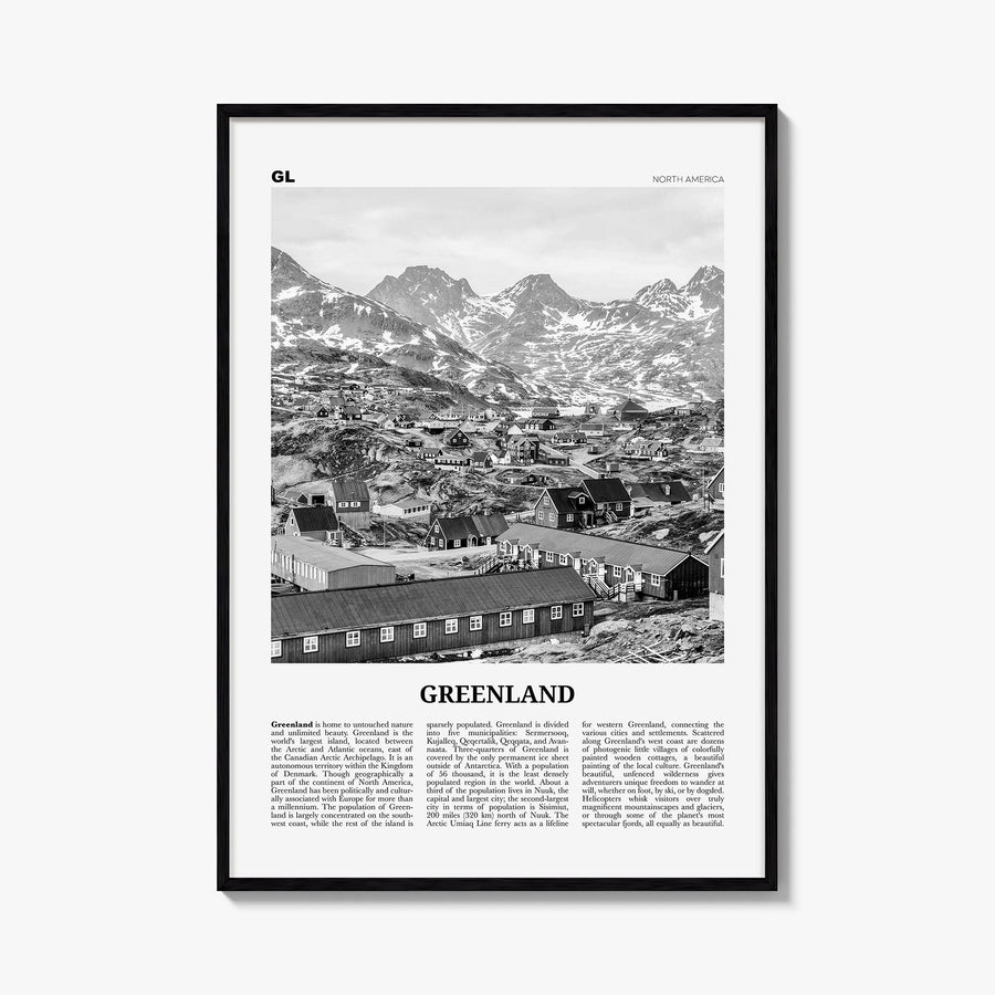 Greenland black & white newspaper poster of North America – vertical wall art, unframed print shown in interior mockup