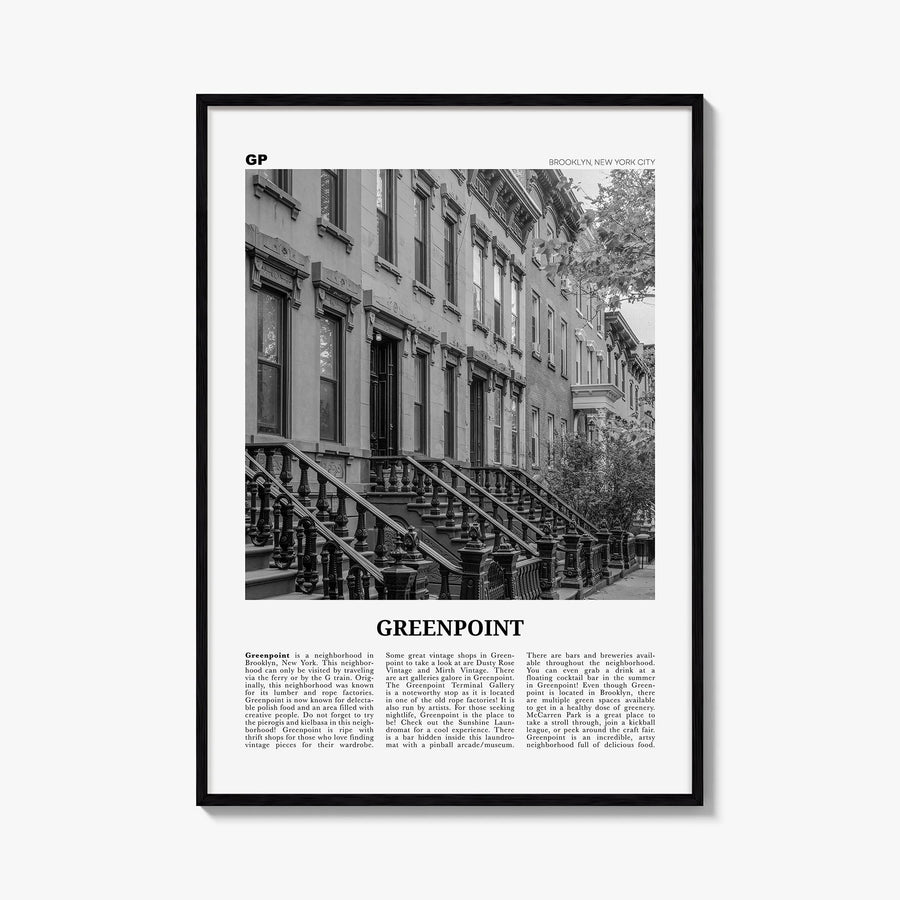 Greenpoint black & white newspaper poster of Brooklyn, New York City – vertical wall art, unframed print shown in interior mo