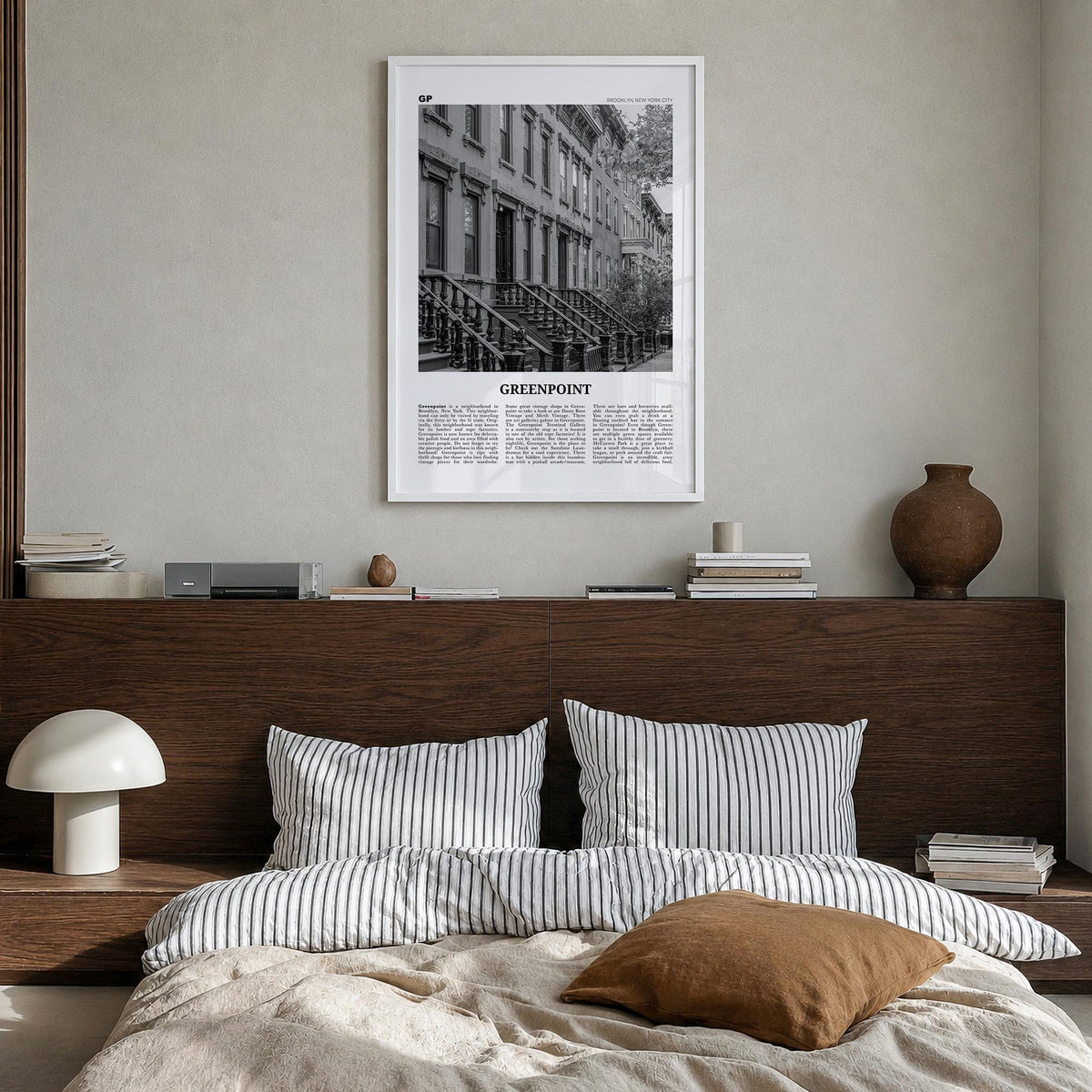 Greenpoint black & white newspaper poster of Brooklyn, New York City – vertical wall art in white wood frame, hanging on wall