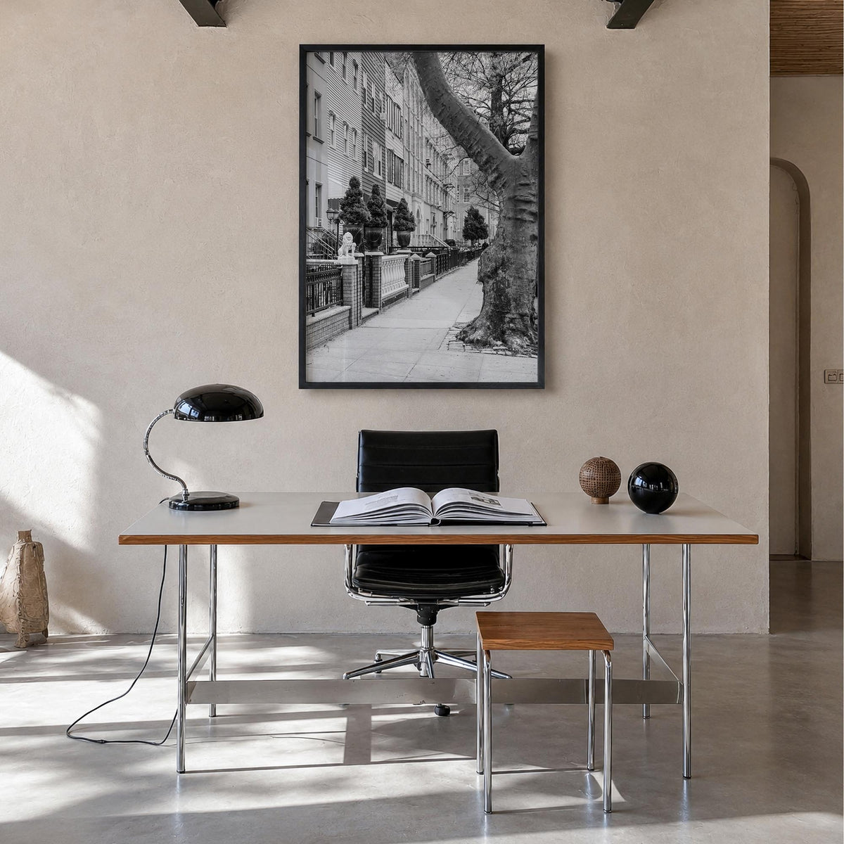 Greenpoint black & white photo poster of Brooklyn, New York City – vertical wall art in black wood frame, hanging on wall