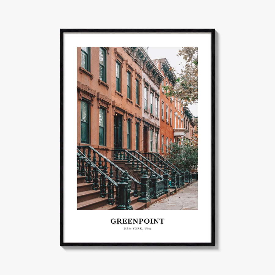 Greenpoint colorful classic poster of Brooklyn, New York City – vertical wall art, unframed print shown in interior mockup