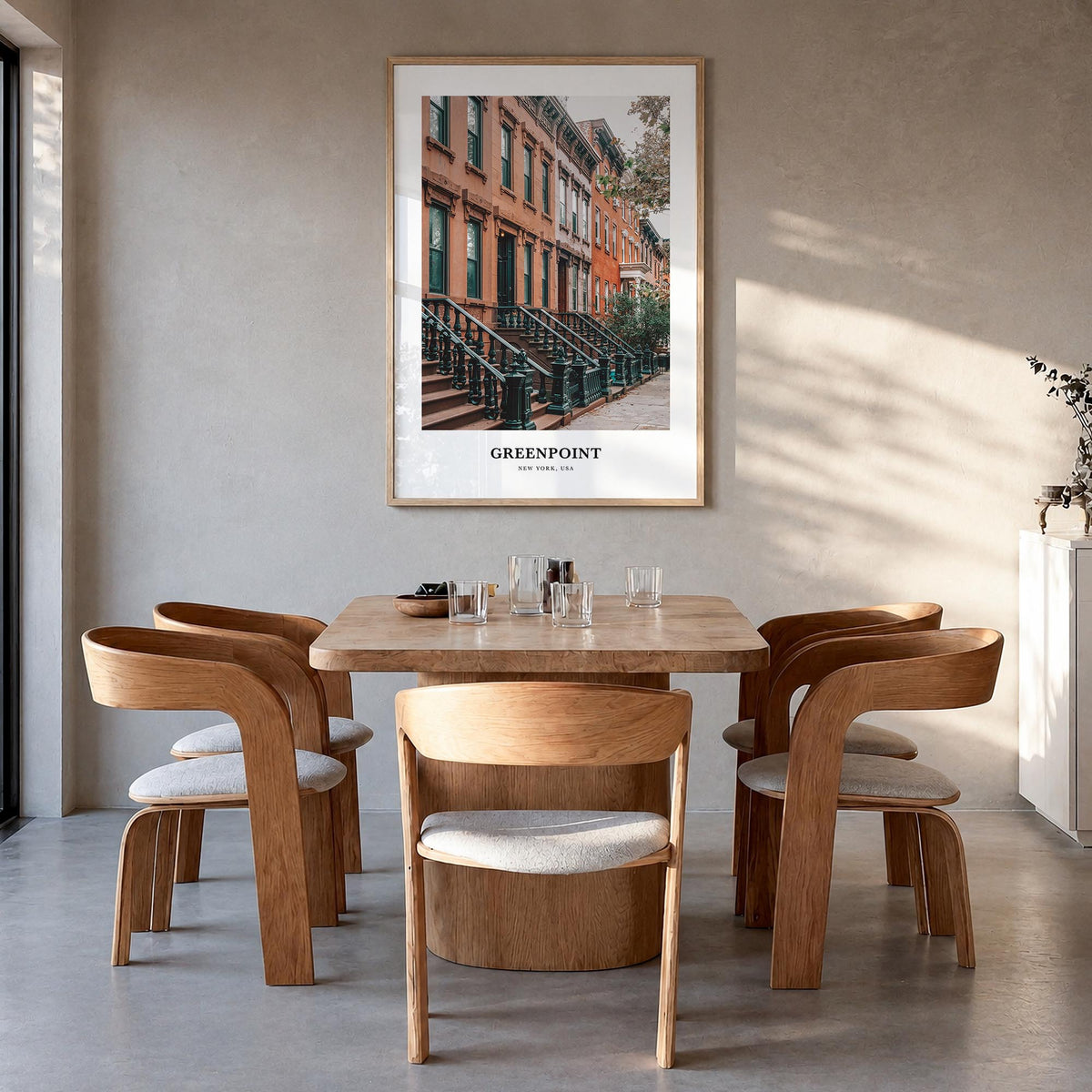 Greenpoint colorful classic poster of Brooklyn, New York City – vertical wall art in natural wood frame, hanging on wall