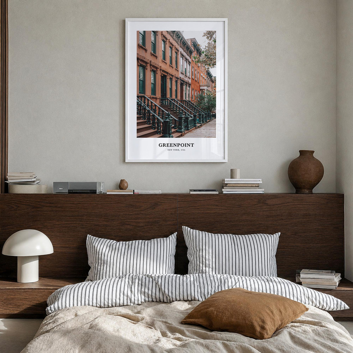 Greenpoint colorful classic poster of Brooklyn, New York City – vertical wall art in white wood frame, hanging on wall