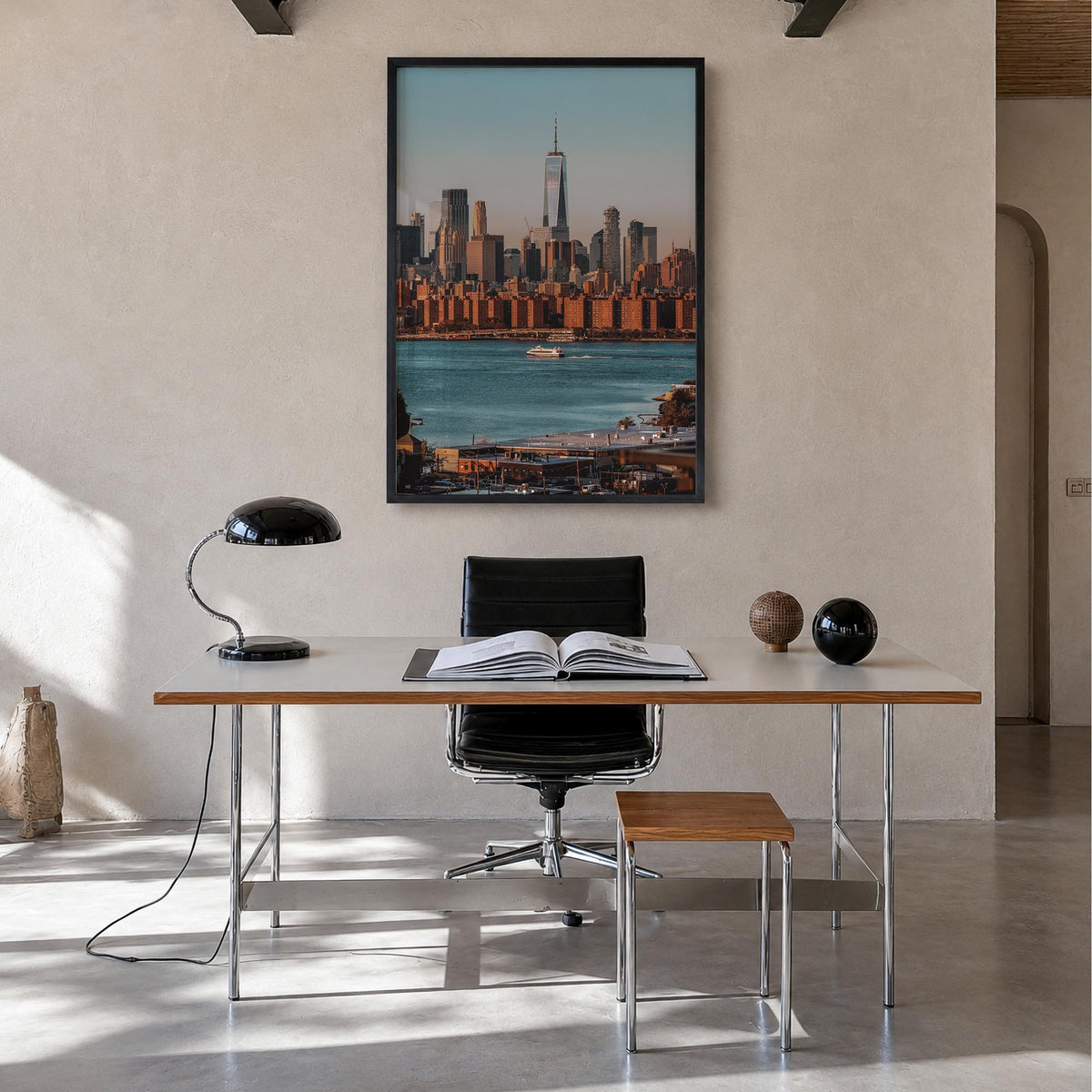 Greenpoint colorful photo poster of Brooklyn, New York City – vertical wall art in black wood frame, hanging on wall