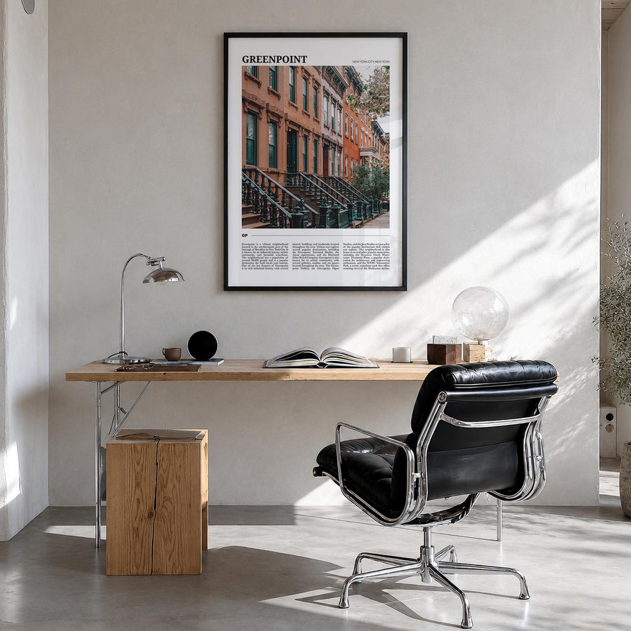 Greenpoint colorful travel poster of Brooklyn, New York City – vertical wall art in black wood frame, hanging on wall