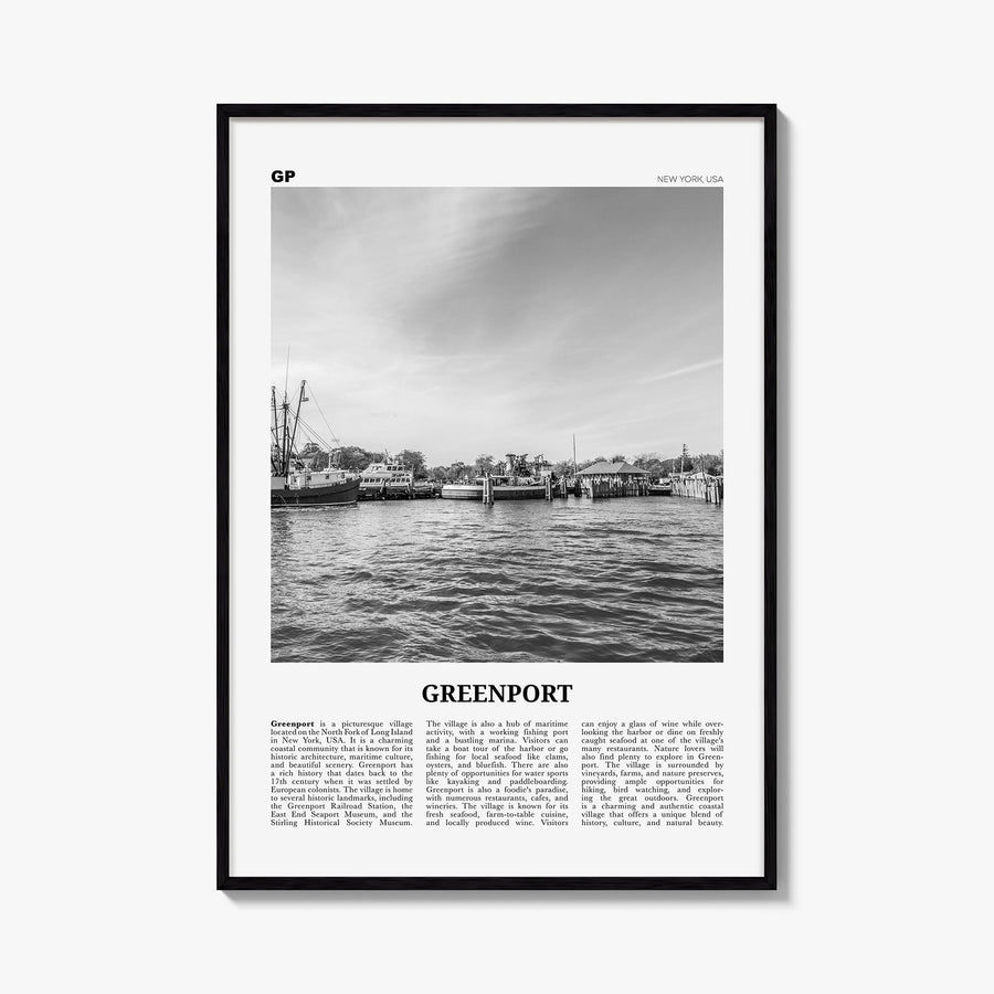 Greenport black & white newspaper poster of New York, USA – vertical wall art, unframed print shown in interior mockup