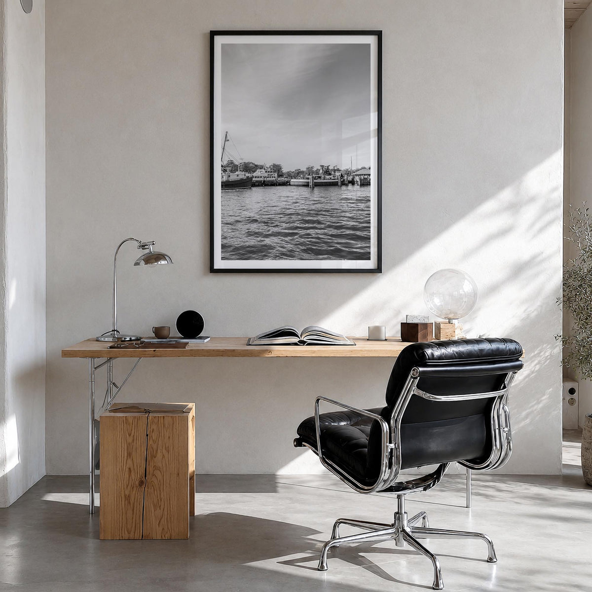 Greenport black & white photo poster of New York, USA – vertical wall art in black wood frame with white border, hanging on w