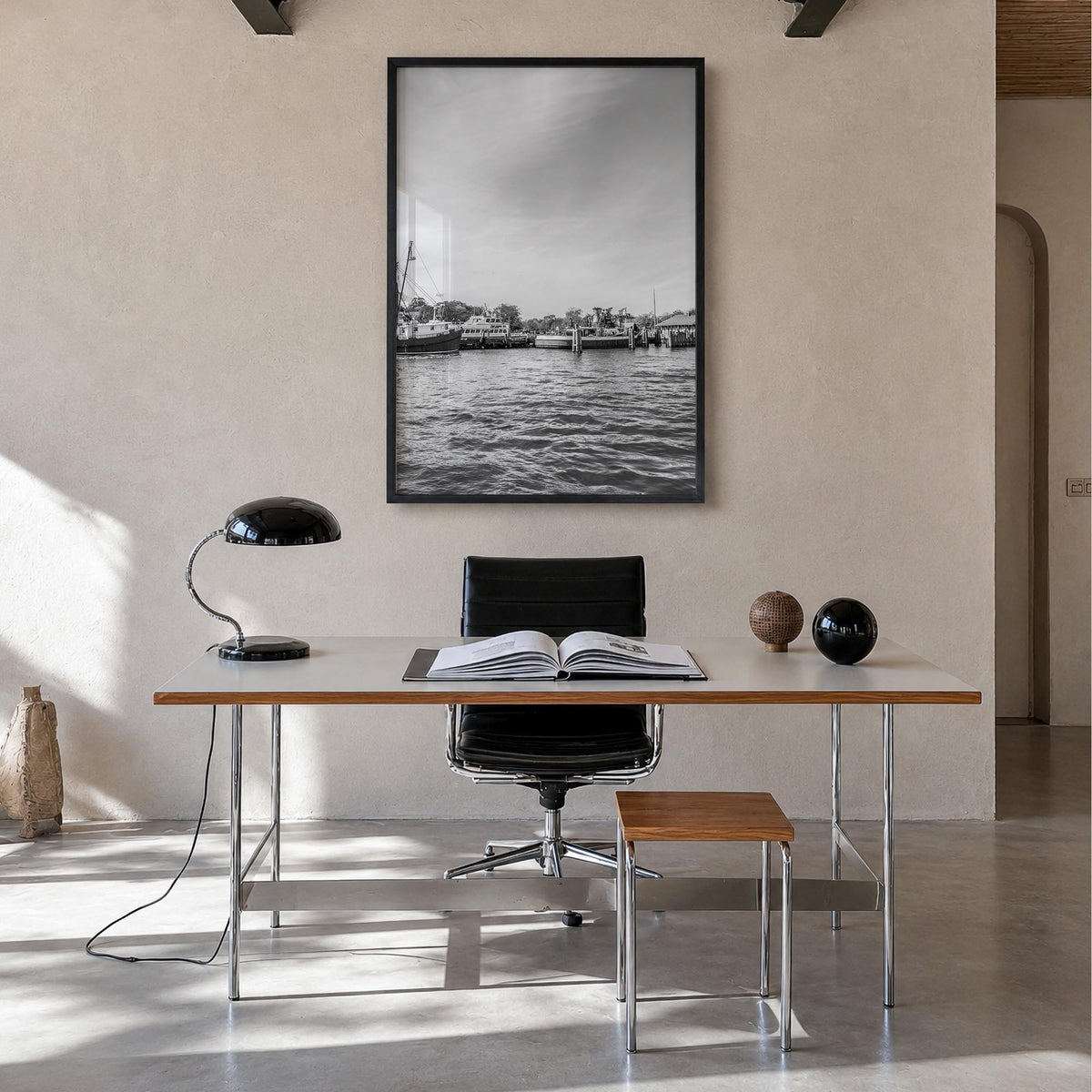Greenport black & white photo poster of New York, USA – vertical wall art in black wood frame, hanging on wall