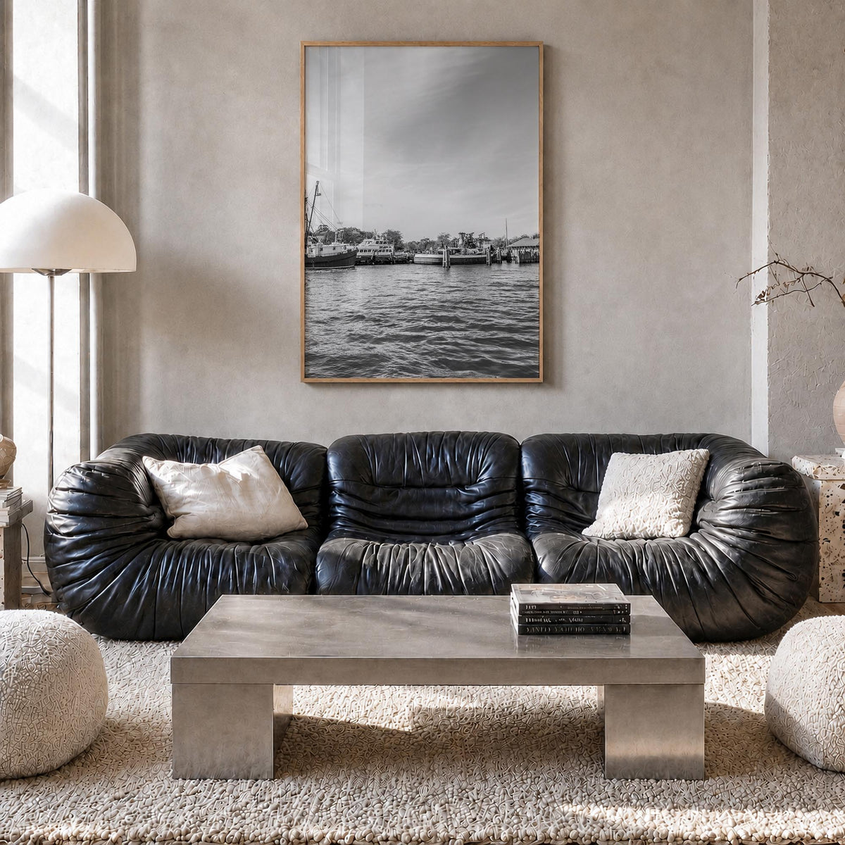 Greenport black & white photo poster of New York, USA – vertical wall art in natural wood frame, hanging on wall