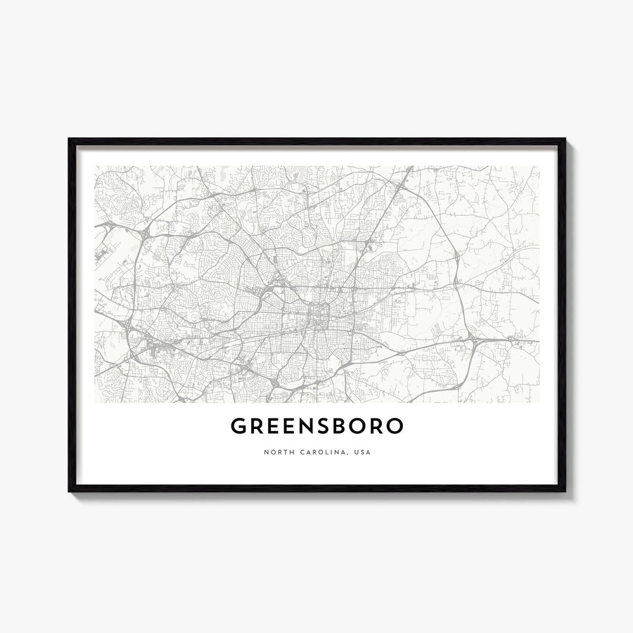Greensboro black & white map poster of North Carolina, USA – horizontal wall art, unframed print shown in interior mockup