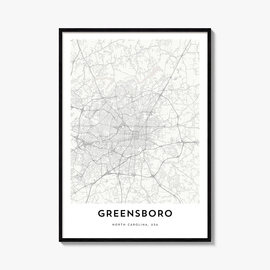 Greensboro black & white map poster of North Carolina, USA – vertical wall art, unframed print shown in interior mockup
