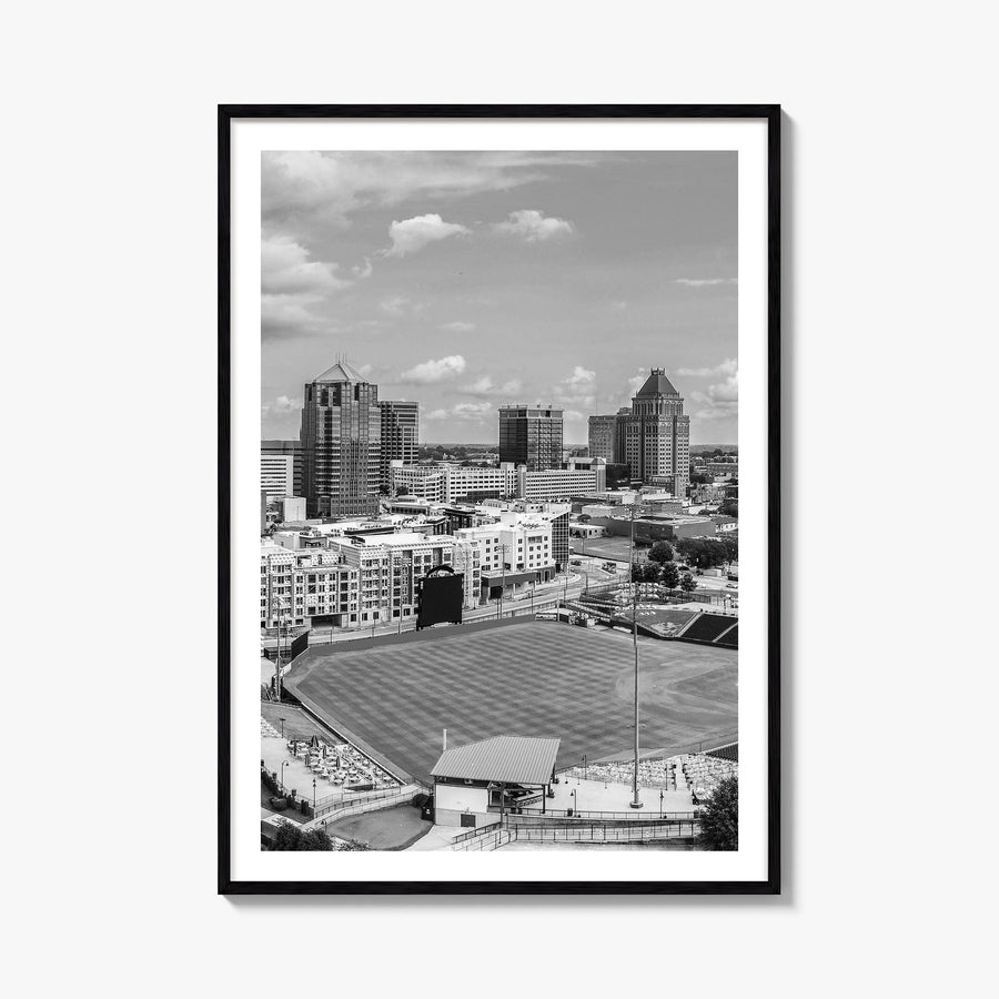 Greensboro black & white photo poster of North Carolina, USA – vertical wall art, unframed print shown in interior mockup