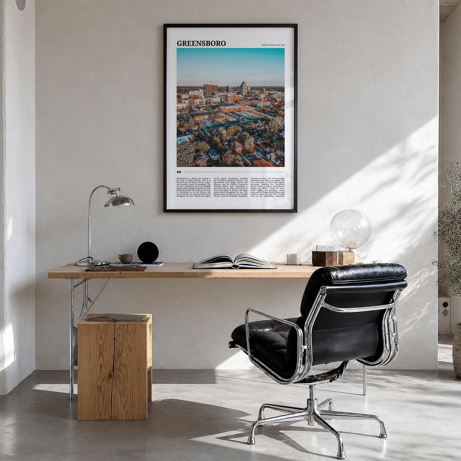 Greensboro colorful travel poster of North Carolina, USA – vertical wall art in black wood frame, hanging on wall