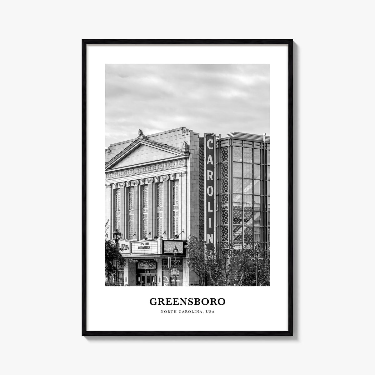 Greensboro no. 1 black & white classic poster of North Carolina, USA – vertical wall art, unframed print shown in interior mo