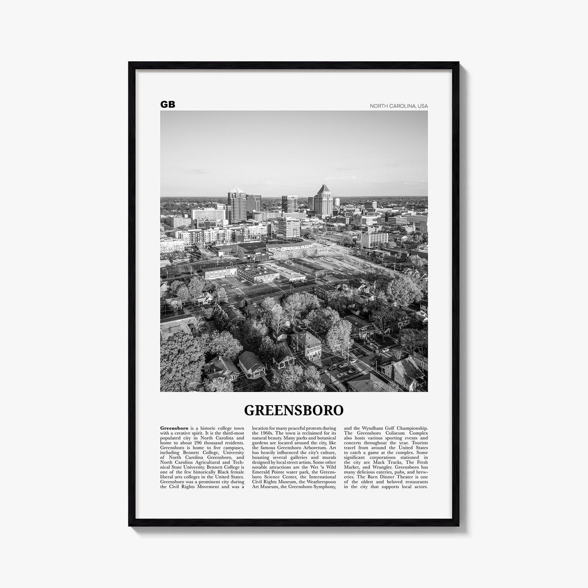 Greensboro no. 1 black & white newspaper poster of North Carolina, USA – vertical wall art, unframed print shown in interior 