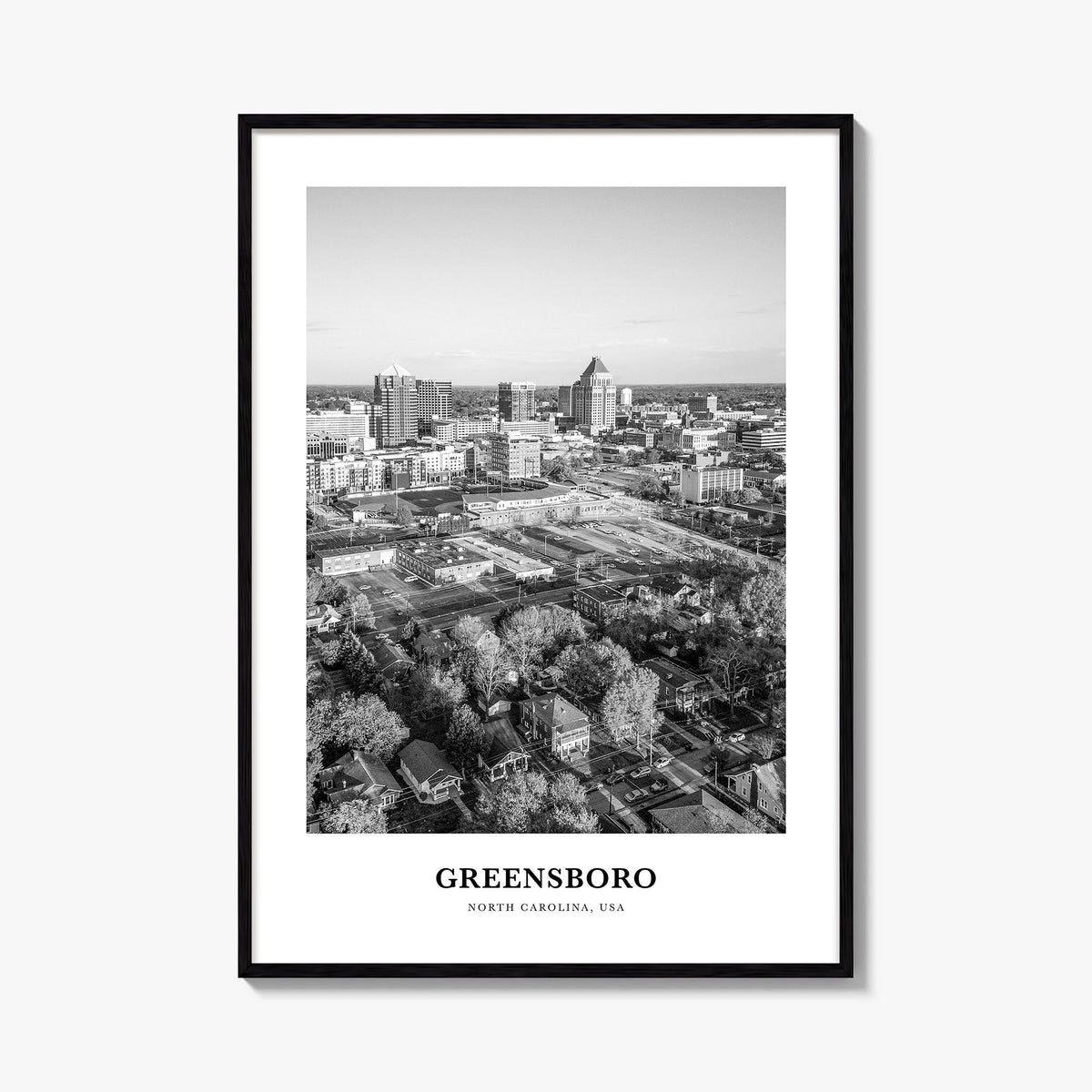 Greensboro no. 2 black & white classic poster of North Carolina, USA – vertical wall art, unframed print shown in interior mo