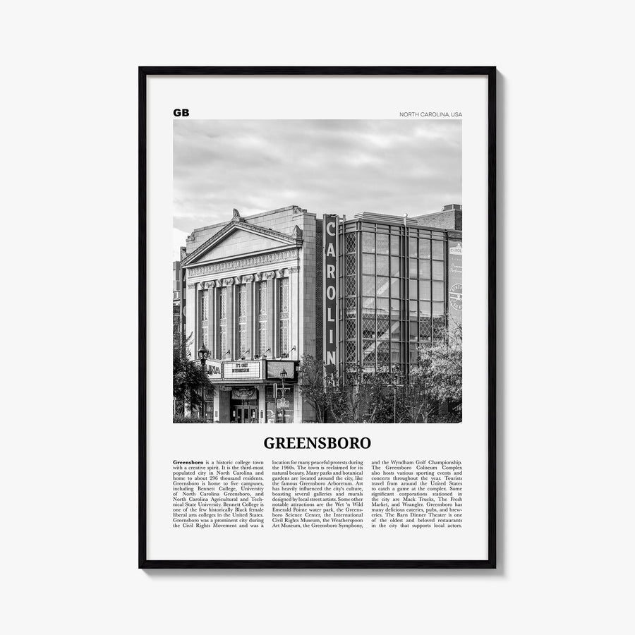 Greensboro no. 2 black & white newspaper poster of North Carolina, USA – vertical wall art, unframed print shown in interior 