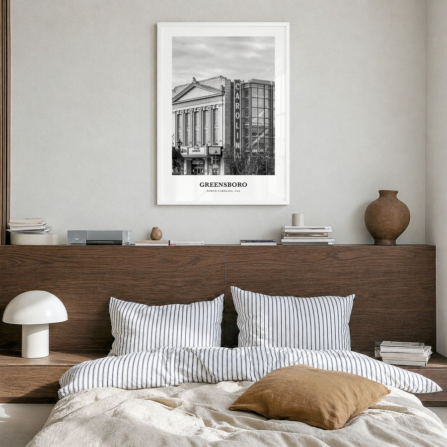 Greensboro Classic No 1 Poster in a white wood frame, hanging in a bedroom