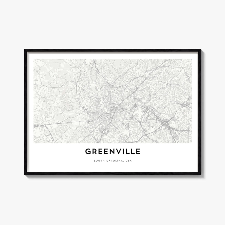 Greenville black & white map poster of South Carolina, USA – horizontal wall art, unframed print shown in interior mockup
