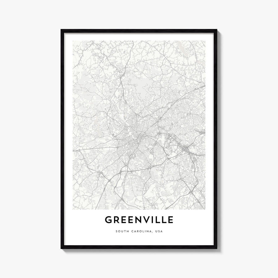 Greenville black & white map poster of South Carolina, USA – vertical wall art, unframed print shown in interior mockup