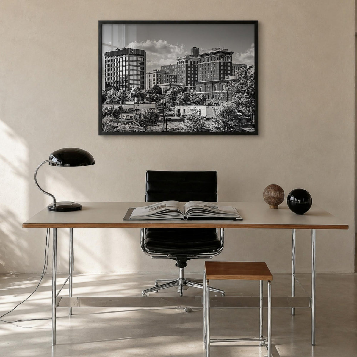 Greenville black & white photo poster of South Carolina, USA – horizontal wall art in black wood frame, hanging on wall