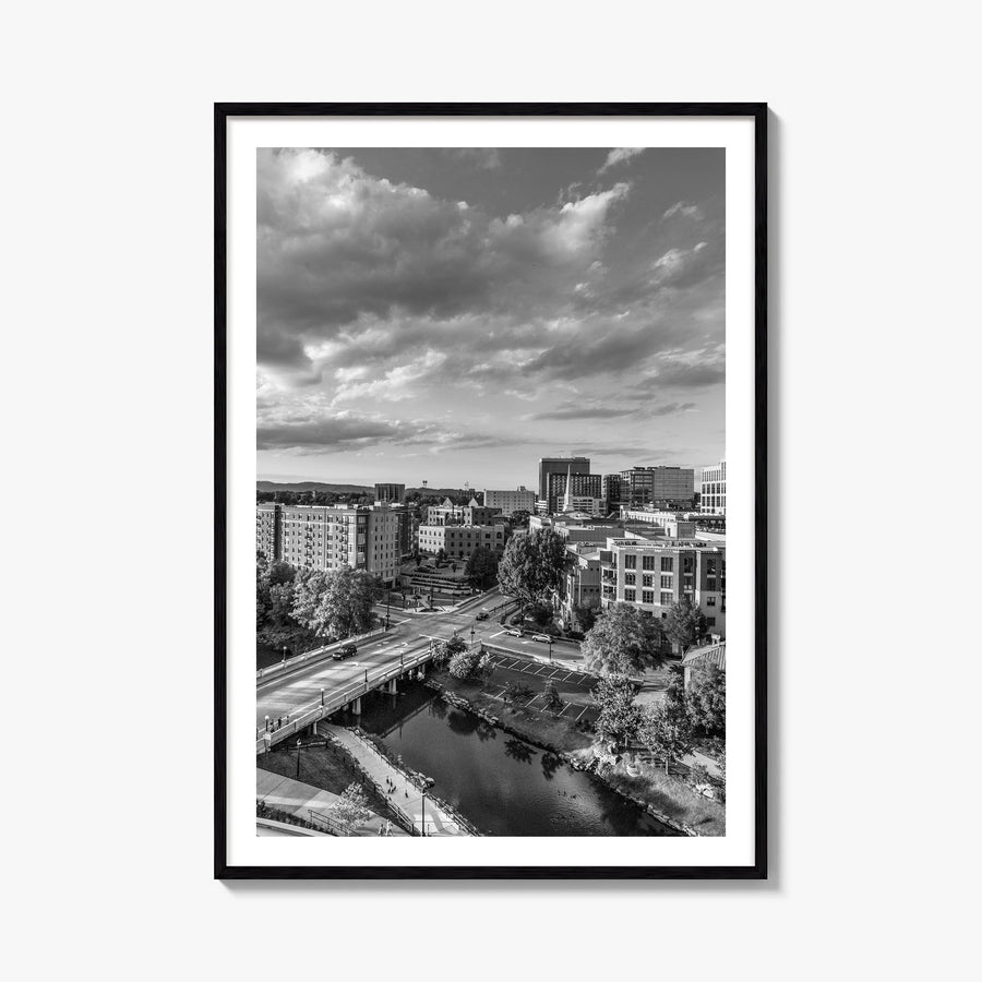 Greenville black & white photo poster of South Carolina, USA – vertical wall art, unframed print shown in interior mockup