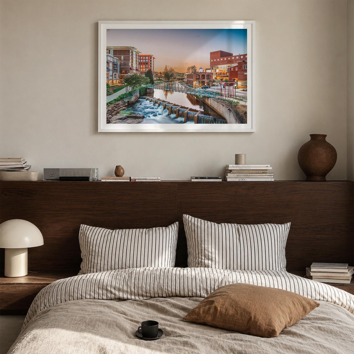 Greenville colorful photo poster of South Carolina, USA – horizontal wall art in white wood frame with white border, hanging 