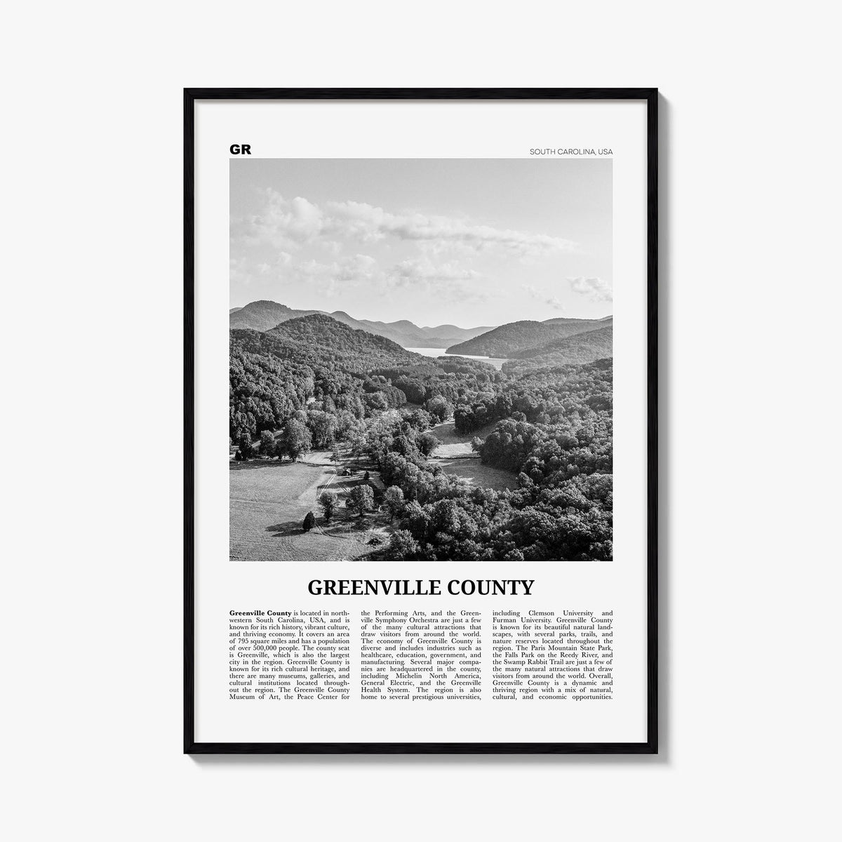 Greenville County black & white newspaper poster of South Carolina, USA – vertical wall art, unframed print shown in interior