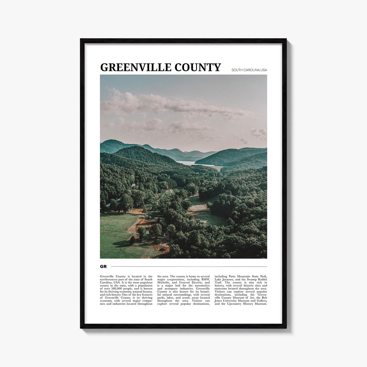 Greenville County colorful travel poster of South Carolina, USA – vertical wall art, unframed print shown in interior mockup