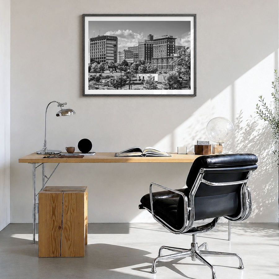 Greenville, South Carolina Photo Poster in a black wood frame, hanging in a bright home office, white border