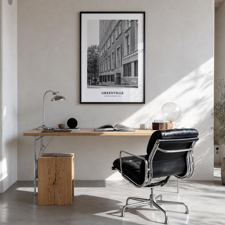 Greenville no. 1 black & white classic poster of South Carolina, USA – vertical wall art in black wood frame, hanging on wall