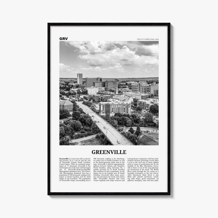 Greenville no. 1 black & white newspaper poster of South Carolina, USA – vertical wall art, unframed print shown in interior 