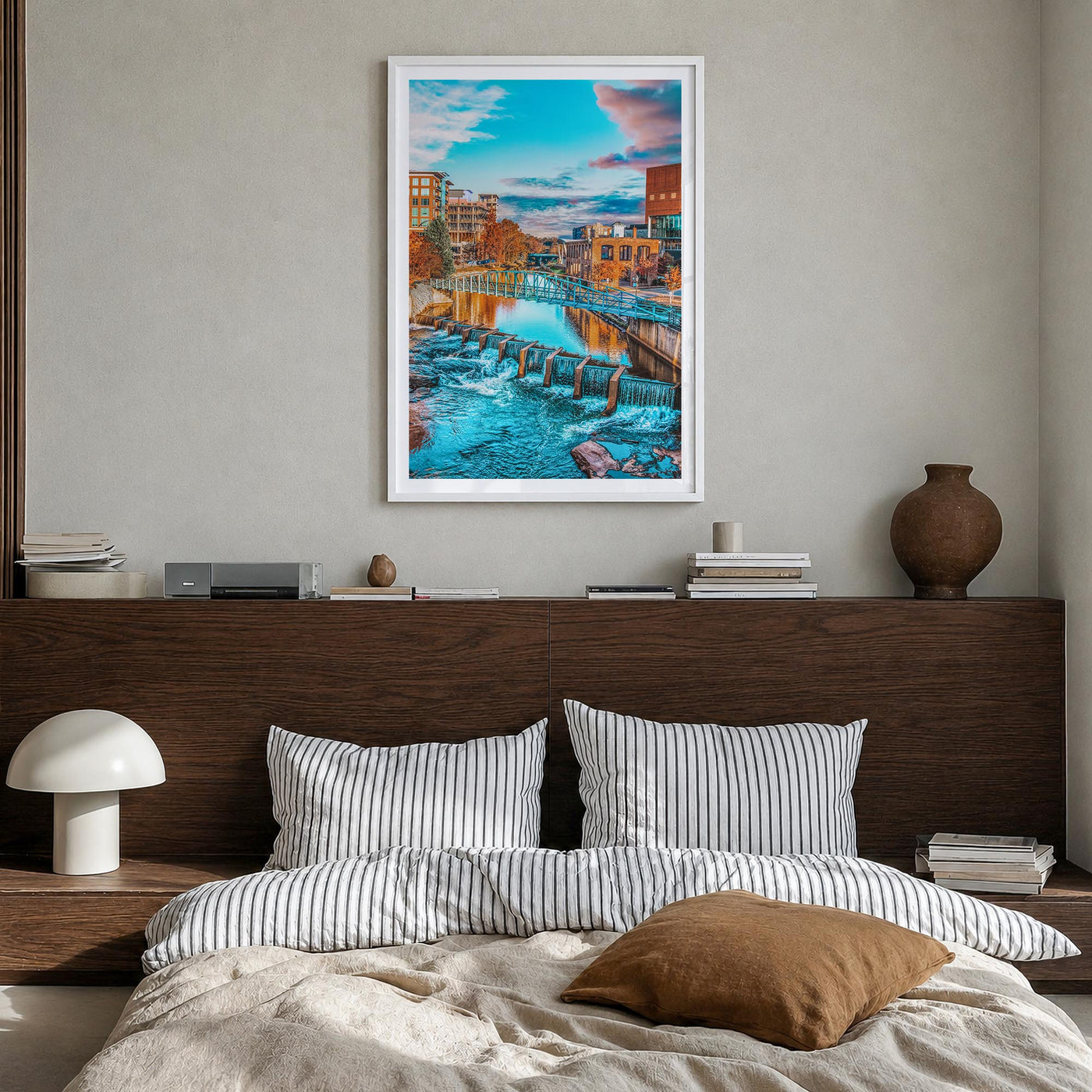 Greenville no. 1 colorful photo poster of South Carolina, USA – vertical wall art in white wood frame with white border, hang