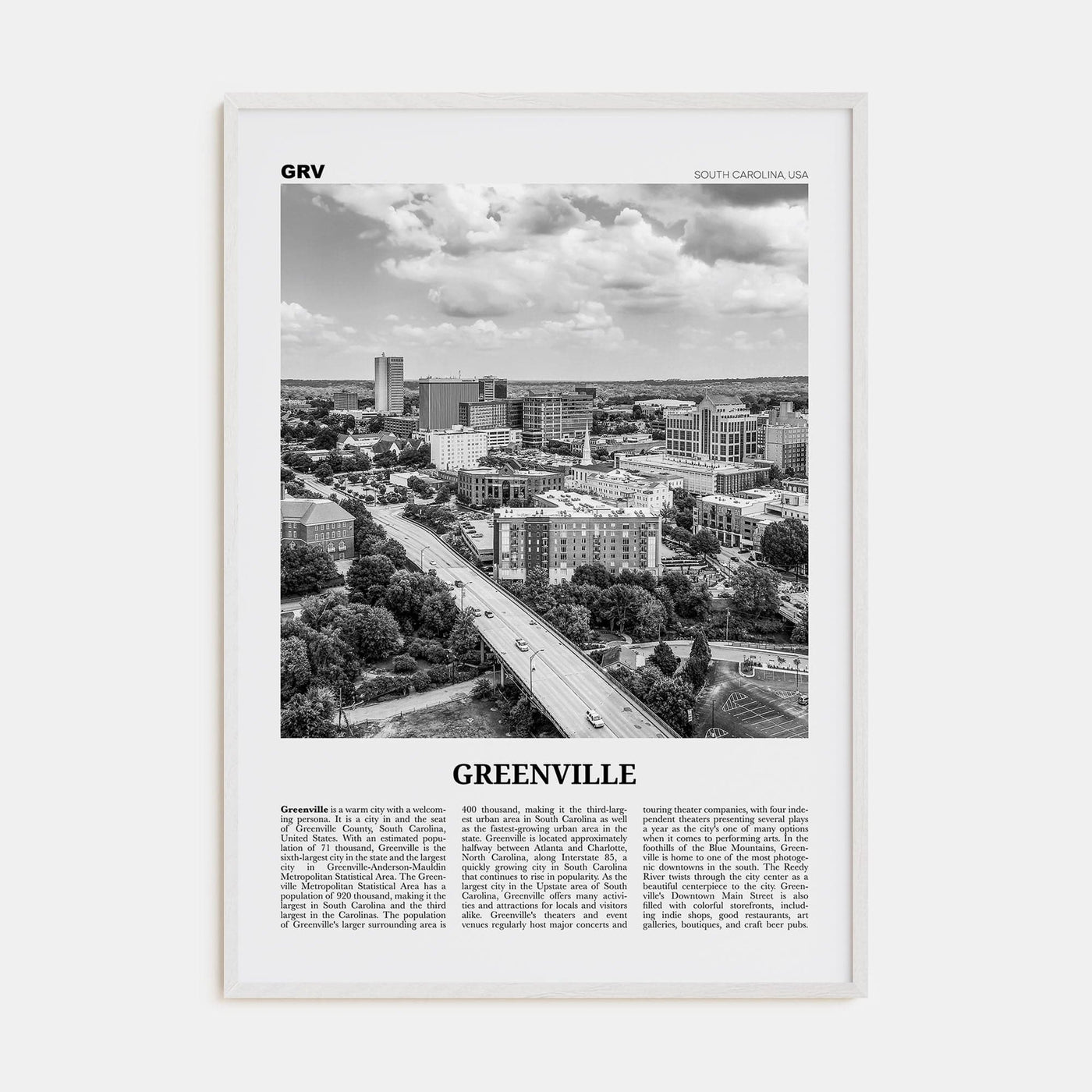 Greenville No 1 Poster White Wood / 8x12 in Nbourhood Travel B&W Poster