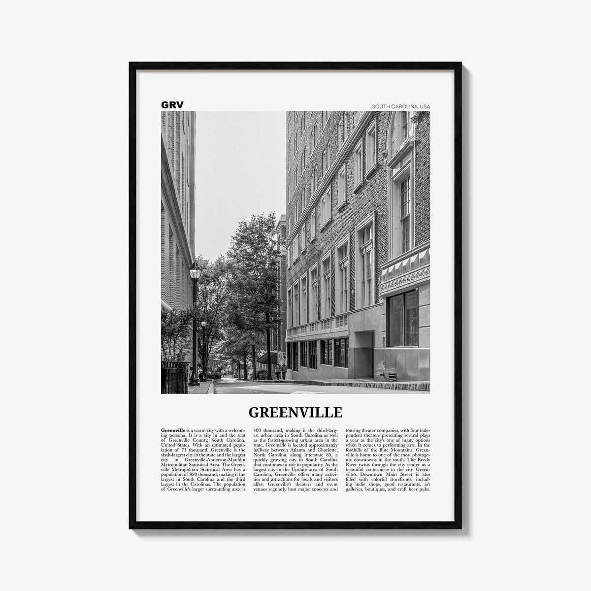 Greenville no. 2 black & white newspaper poster of South Carolina, USA – vertical wall art, unframed print shown in interior 