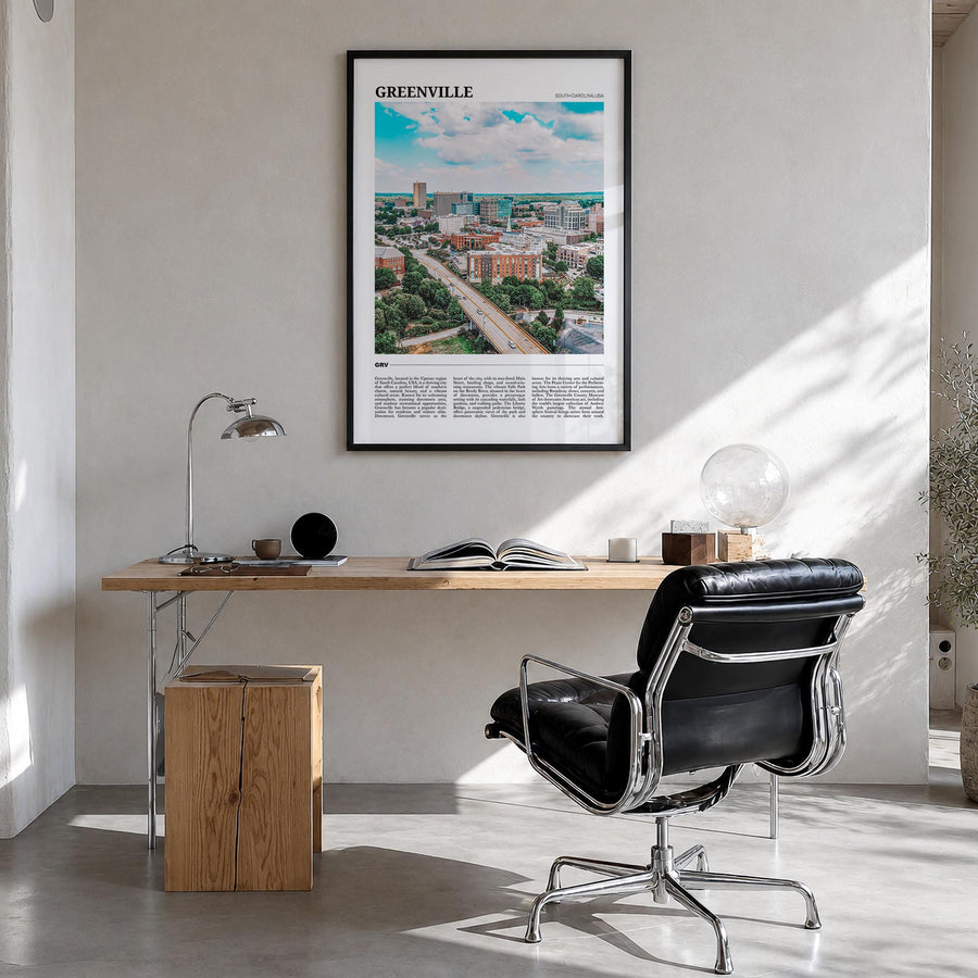 Greenville no. 2 colorful travel poster of South Carolina, USA – vertical wall art in black wood frame, hanging on wall