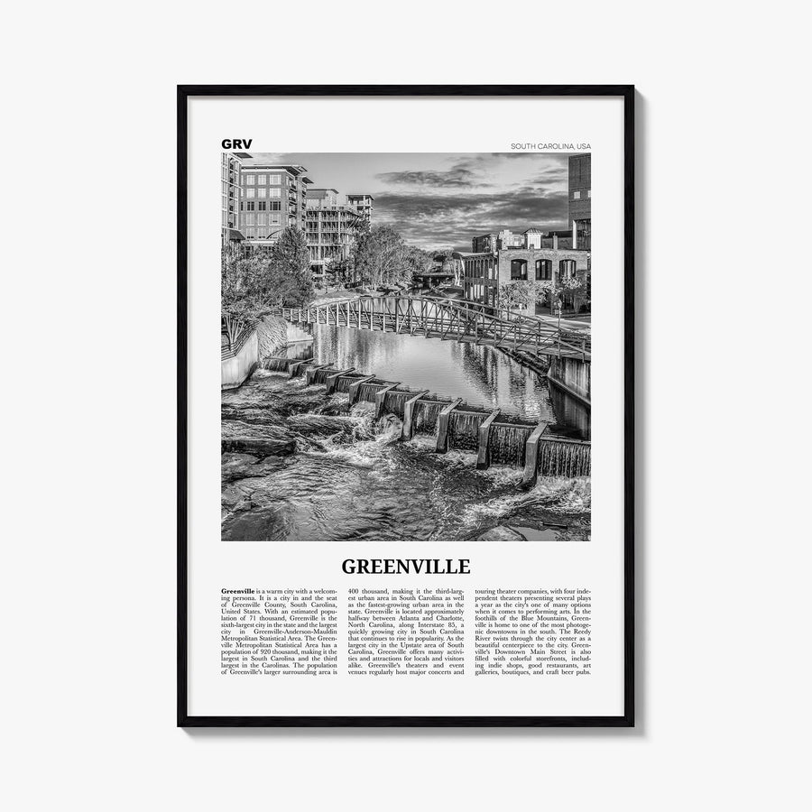 Greenville no. 3 black & white newspaper poster of South Carolina, USA – vertical wall art, unframed print shown in interior 