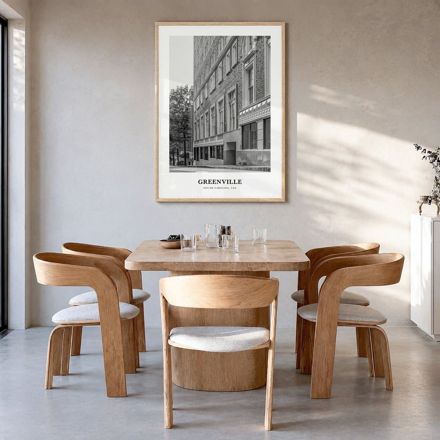 Greenville, South Carolina Classic No 1 Poster in a natural wood frame, hanging in a dining room