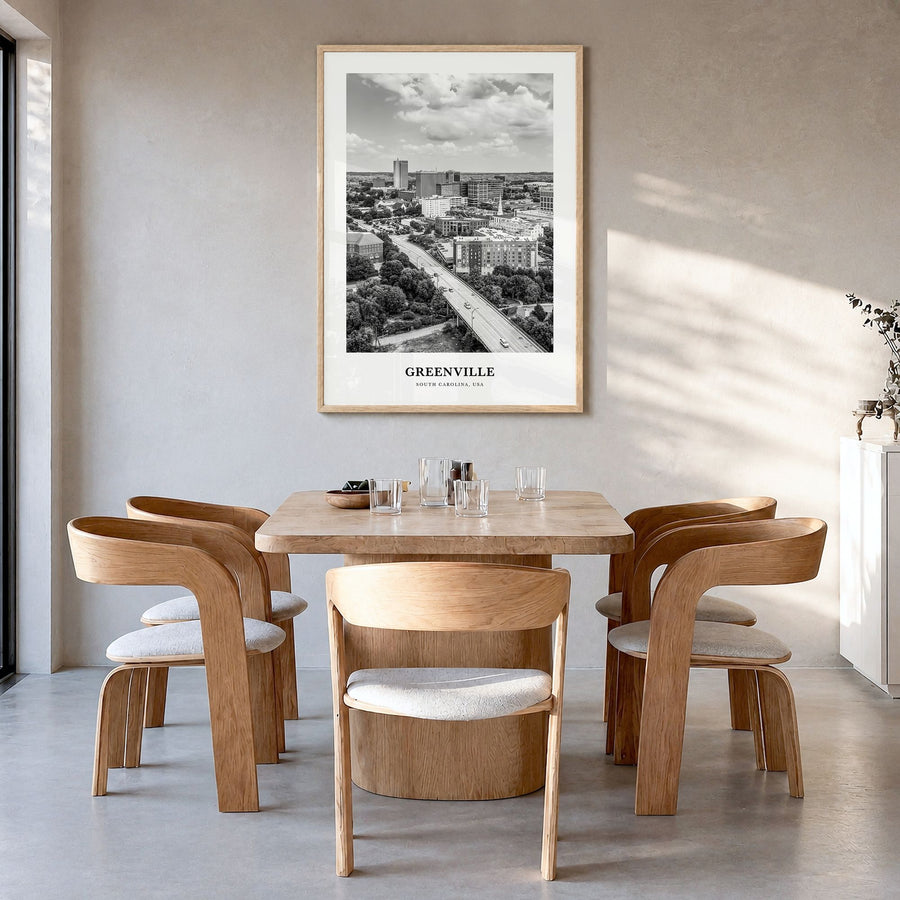Greenville, South Carolina Classic No 2 Poster in a natural wood frame, hanging in a dining room