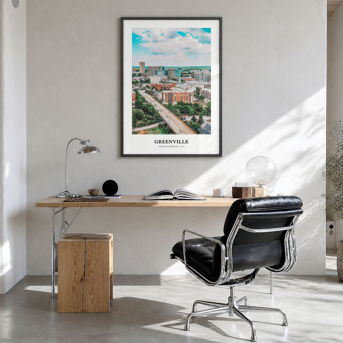 Greenville, South Carolina Classic No 1 Poster in a black wood frame, hanging in a bright home office