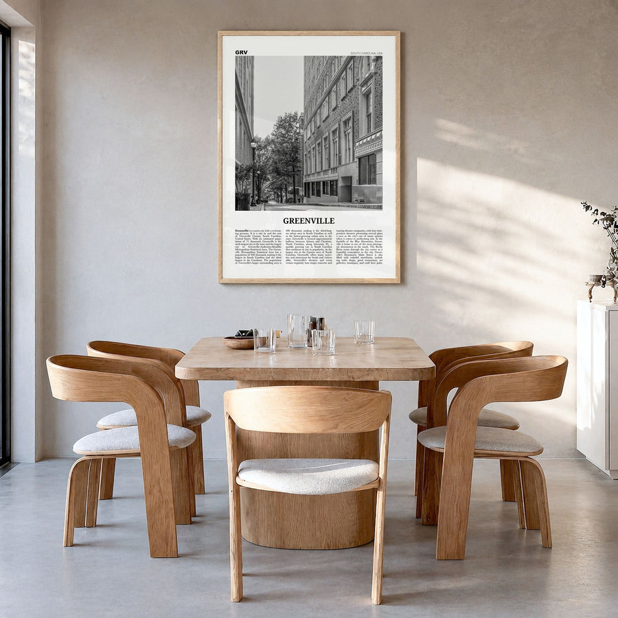 Greenville, South Carolina Newspaper No 2 Poster in a natural wood frame, hanging in a dining room