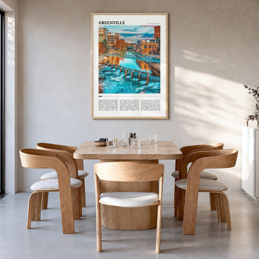 Greenville, South Carolina Travel No 1 Poster in a natural wood frame, hanging in a dining room