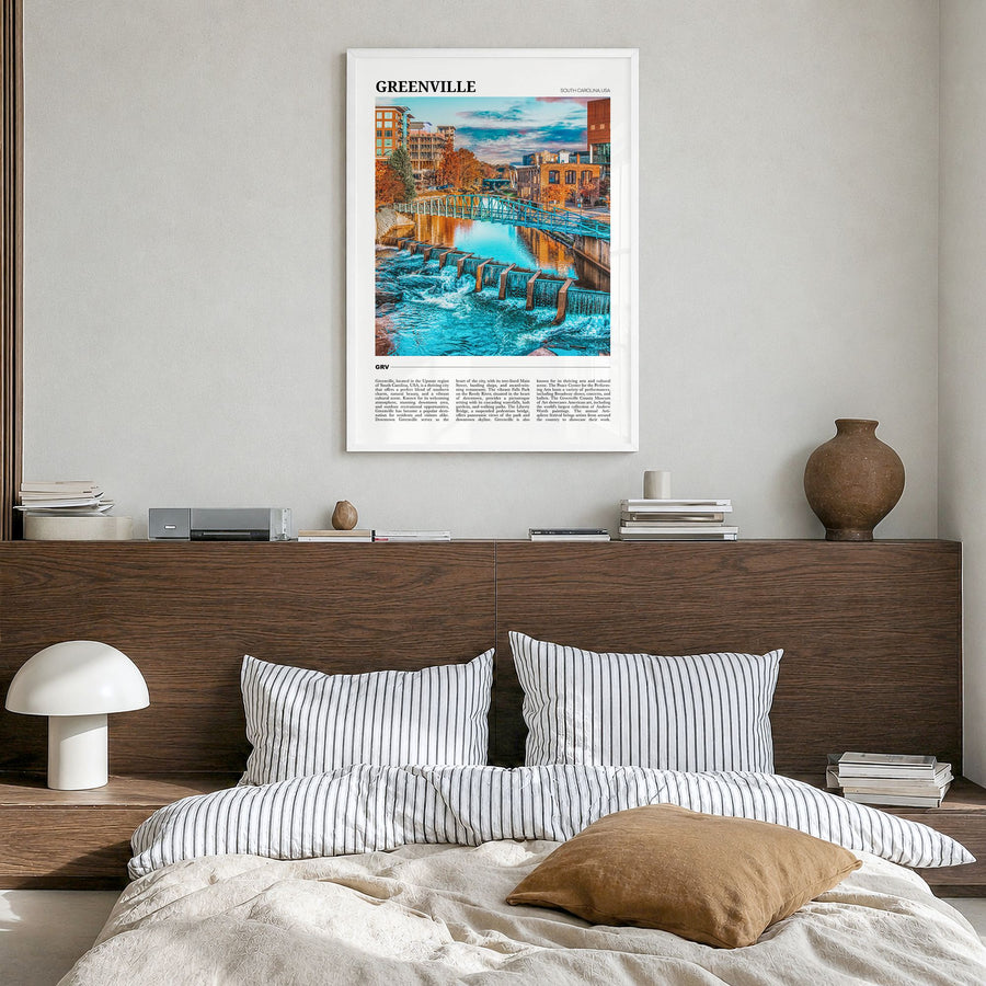 Greenville, South Carolina Travel No 1 Poster in a white wood frame, hanging in a bedroom