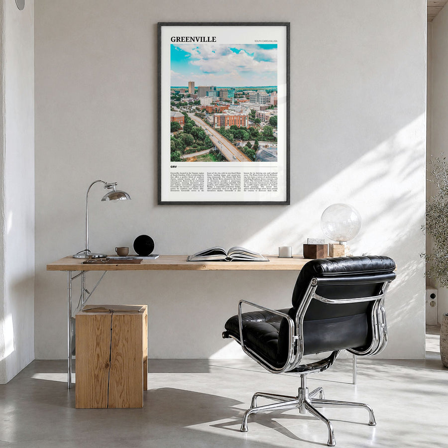 Greenville, South Carolina Travel No 2 Poster in a black wood frame, hanging in a bright home office