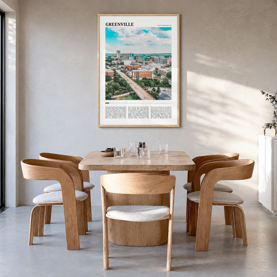 Greenville, South Carolina Travel No 2 Poster in a natural wood frame, hanging in a dining room