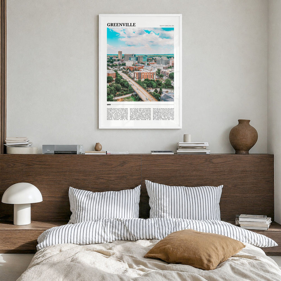 Greenville, South Carolina Travel No 2 Poster in a white wood frame, hanging in a bedroom
